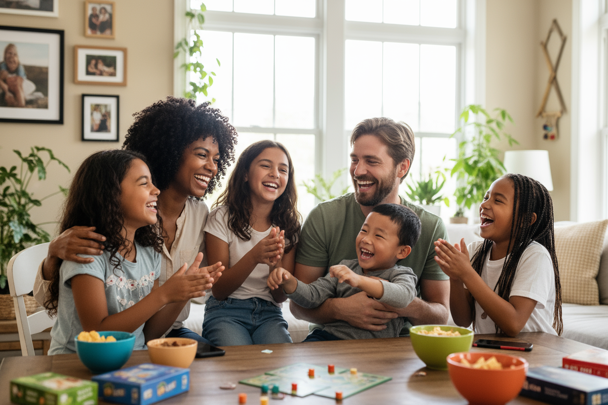 a family of mixed heritage (black mum and white dad) with children and everyone smiling while socialising