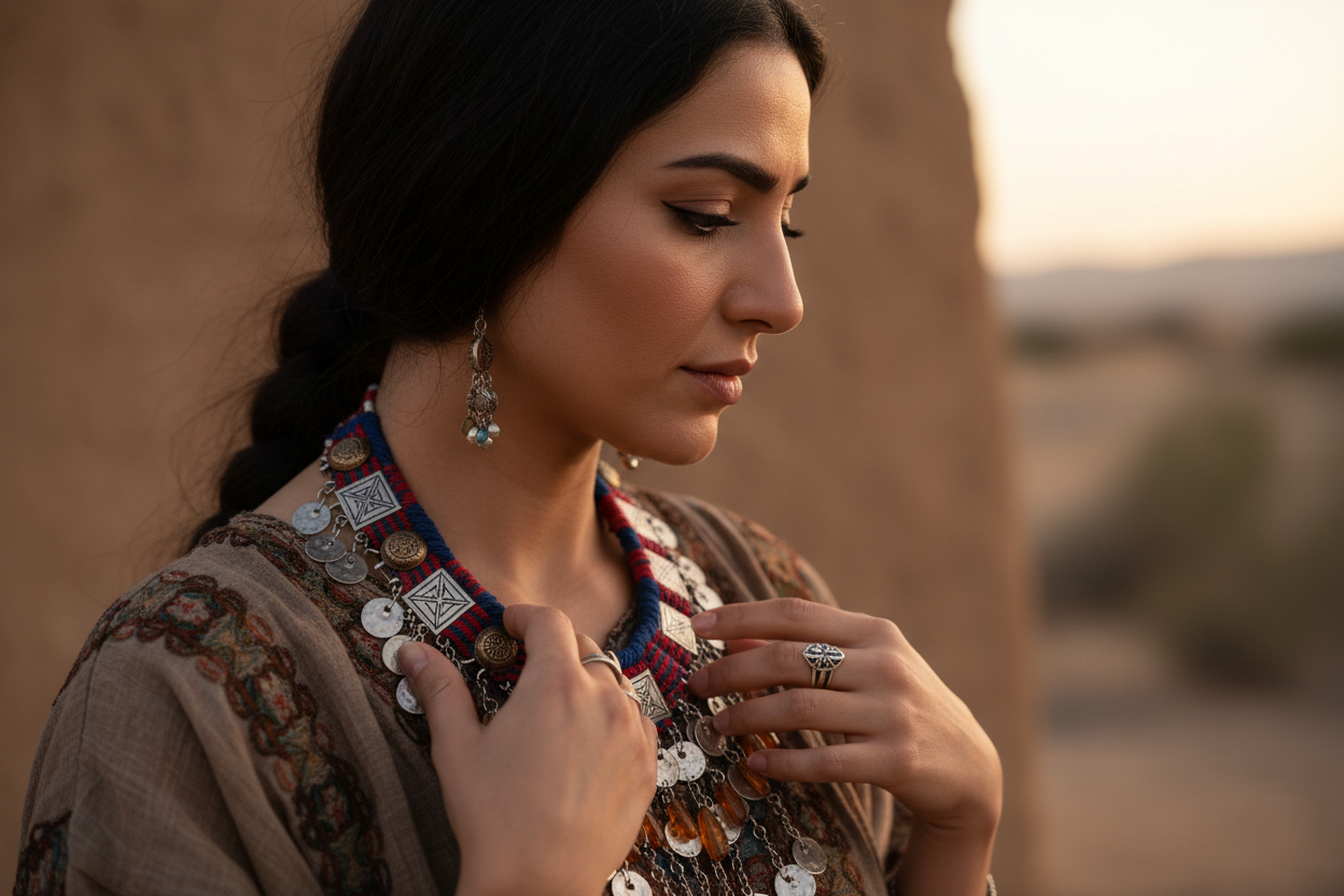 a middle eastern woman looking down and touching her tribal-looking necklace 