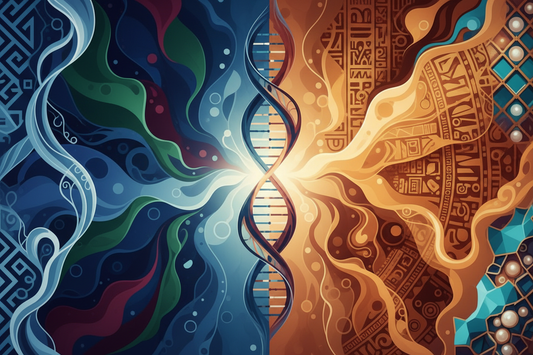 abstract art showing DNA ancestry percentage of 2 couples. One partner (male) with 90% english and 10% scandinavian DNA. The other partner (female) with 55% egyptian, 30% somali, and 15% kuwaiti.