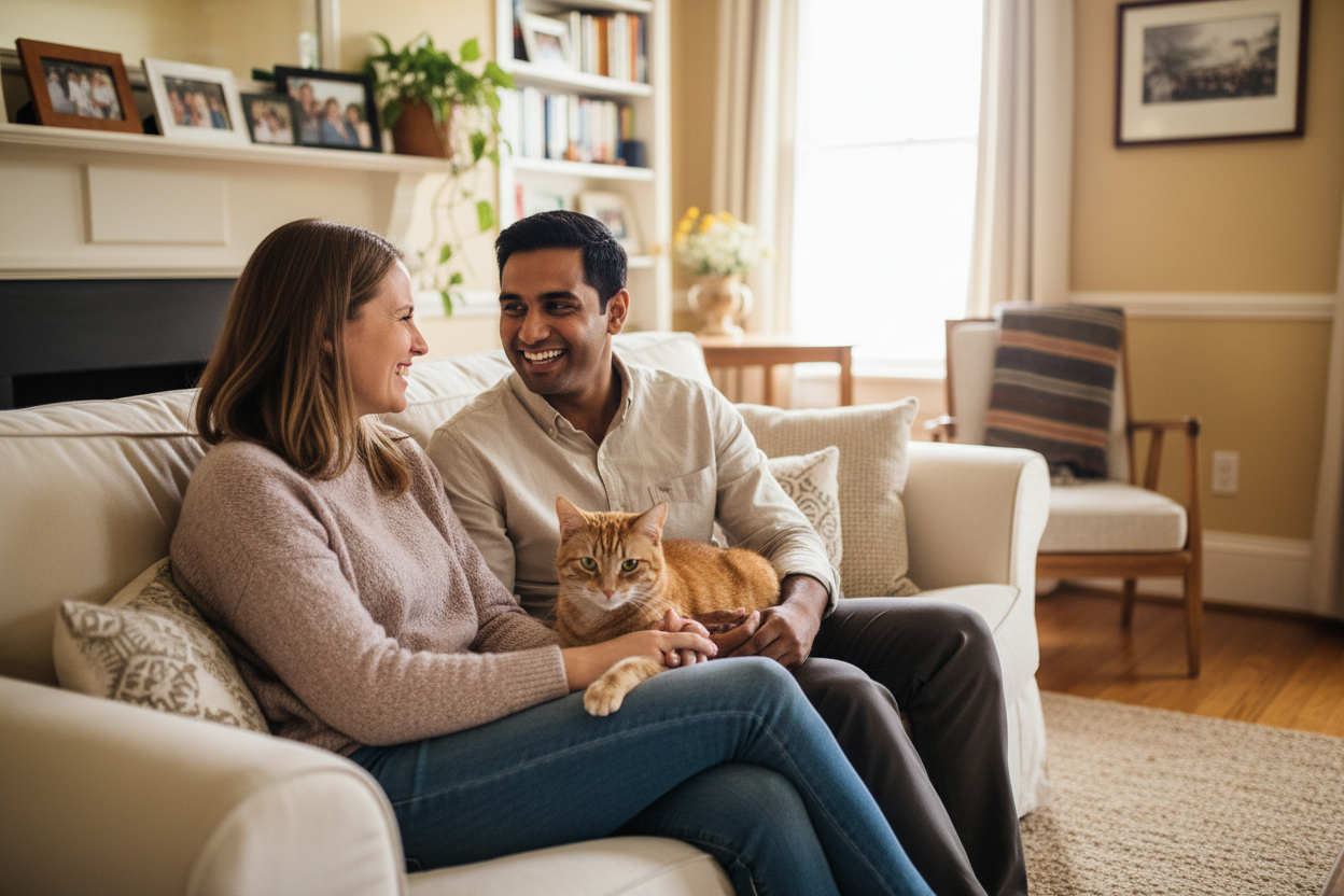 interracial couple with a cat, the woman from a white background and the man from an indian or pakistani background